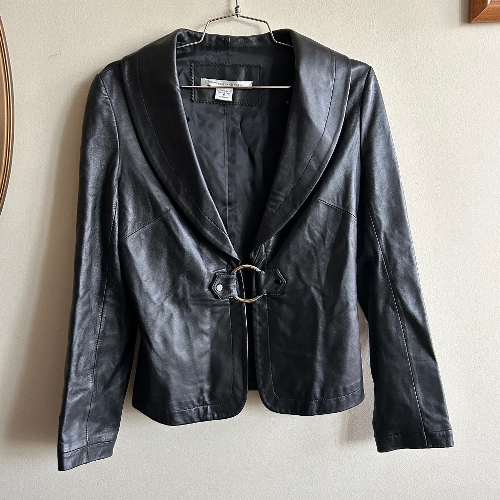 Diane von Furstenberg Black Leather Jacket – Size 6 – 100% Real Leather